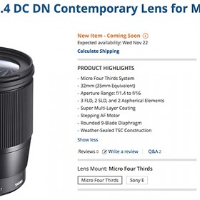 Sigma 16mm f/1.4 MFT lens listed at BHphoto for $449